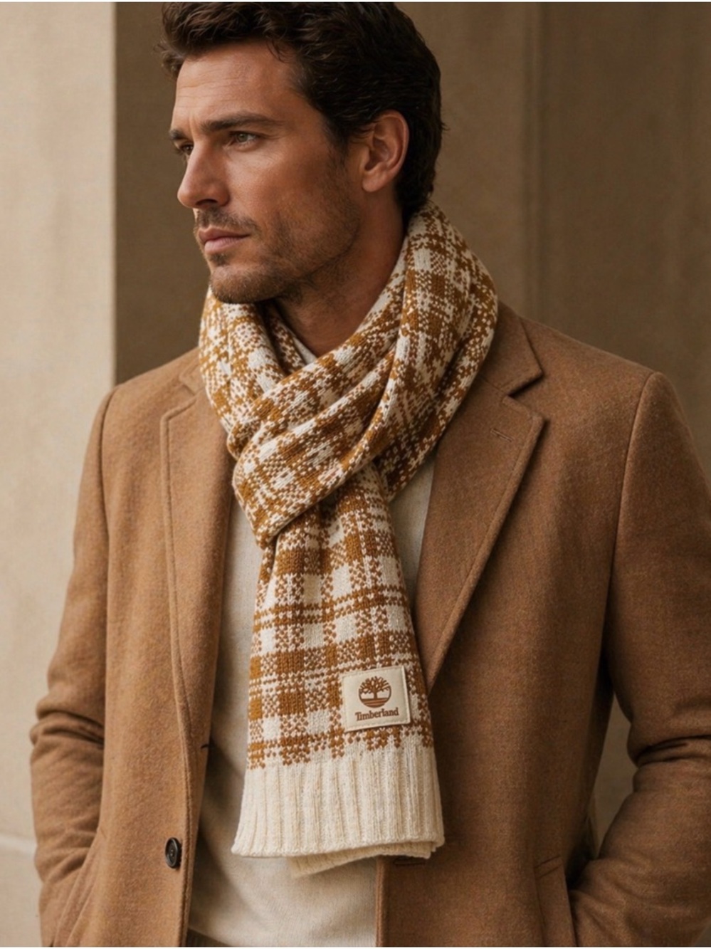 Timberland Brown and White Knit Scarf